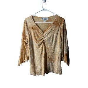 Vintage Claudia Richard Brown Tan Crinkled Textured Fairycore Boho Blouse